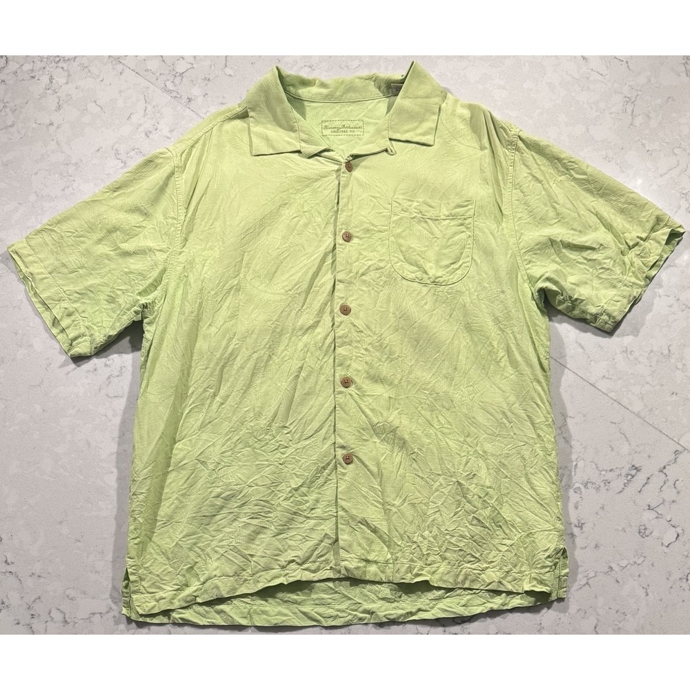 Tommy Bahama Shirt Mens Large Green 100% Silk Palm Leaf Hawaiian Short Sleeve